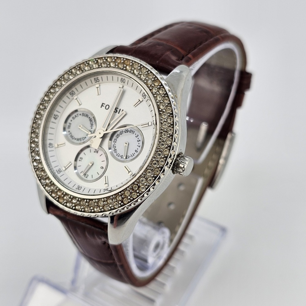 Fossil Women's Watch 38MM White Dial DayDate NEW Brown Leather Bands NEW Battery - Picture 3 of 14